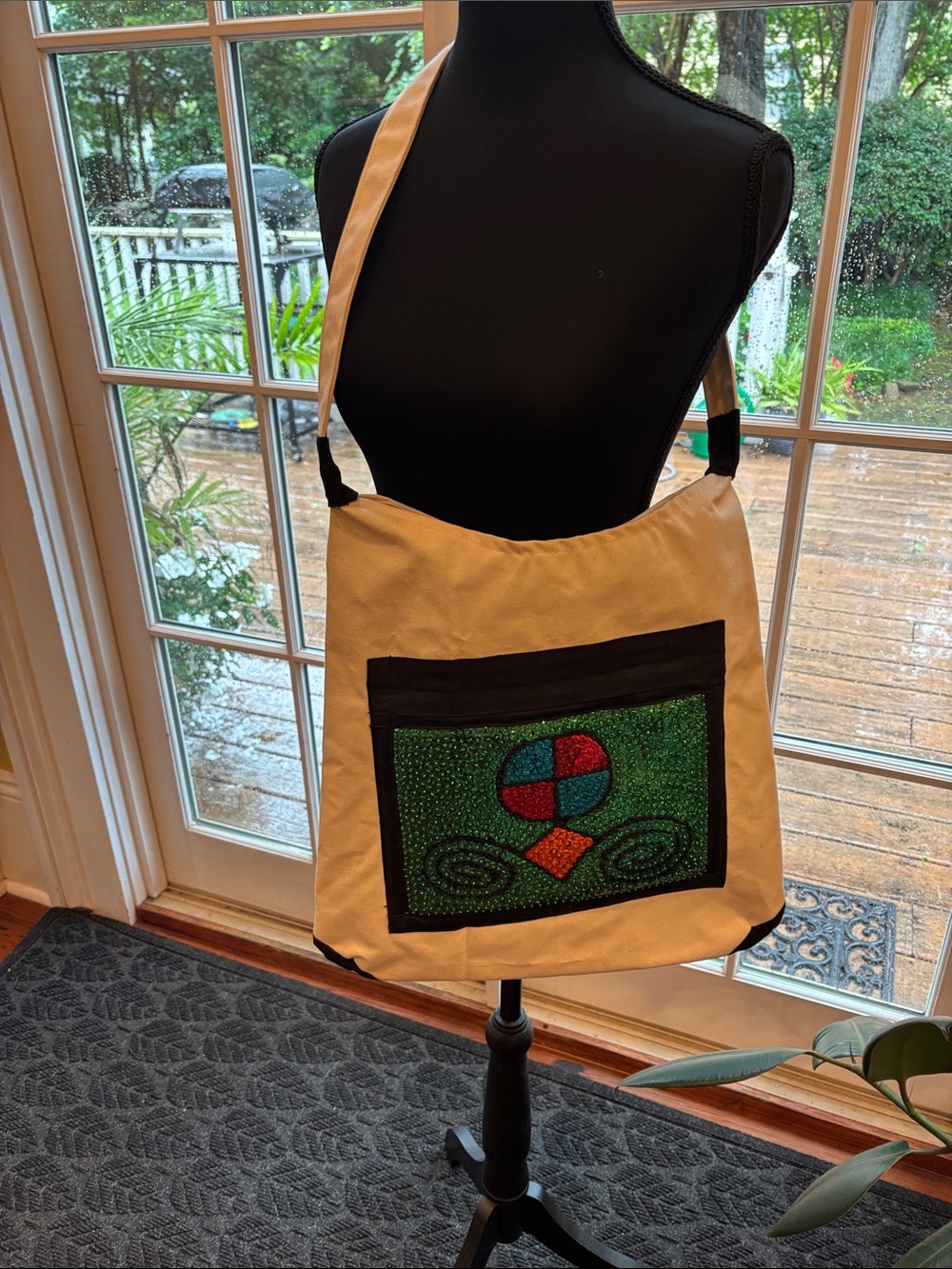 Cream Canvas Shoulder Bag with Green Beaded Panel